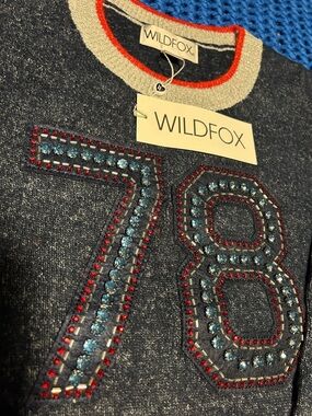 Wildfox Gray Sweater with Blue and Red Jeweled '78' Appliqué